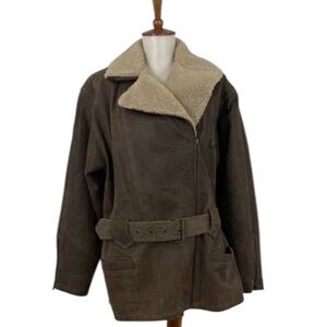 90s MODA International Suede Leather Jacket Faux Sherpa Belted Moto Y2K